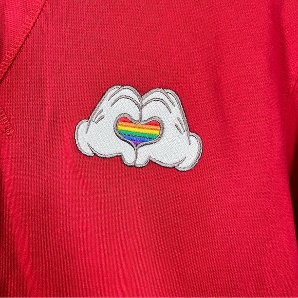 Disney Red Sweatshirt Embroidered Mickey Hands Heart Rainbow Size XS - Picture 3 of 6
